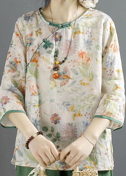 Fine Apricot O Neck Print Button Patchwork Linen Top Summer LY4113 - fabuloryshop