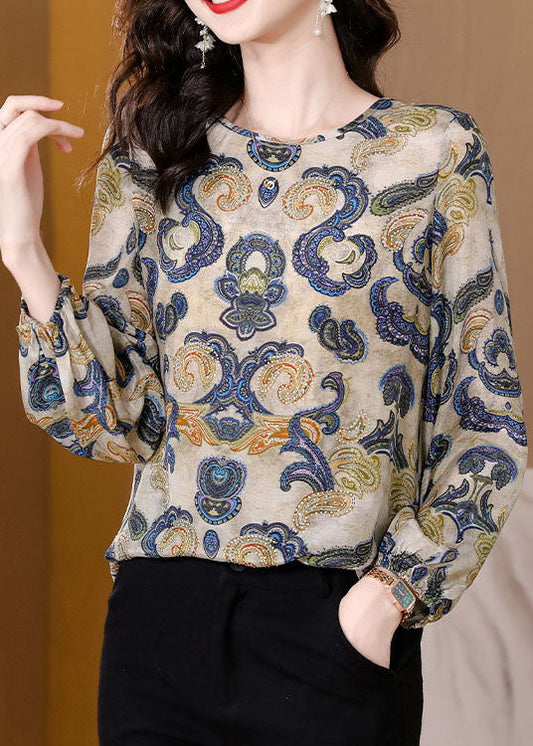 Fine Apricot O Neck Print Patchwork Silk T Shirt Tops Spring LC0268 - fabuloryshop