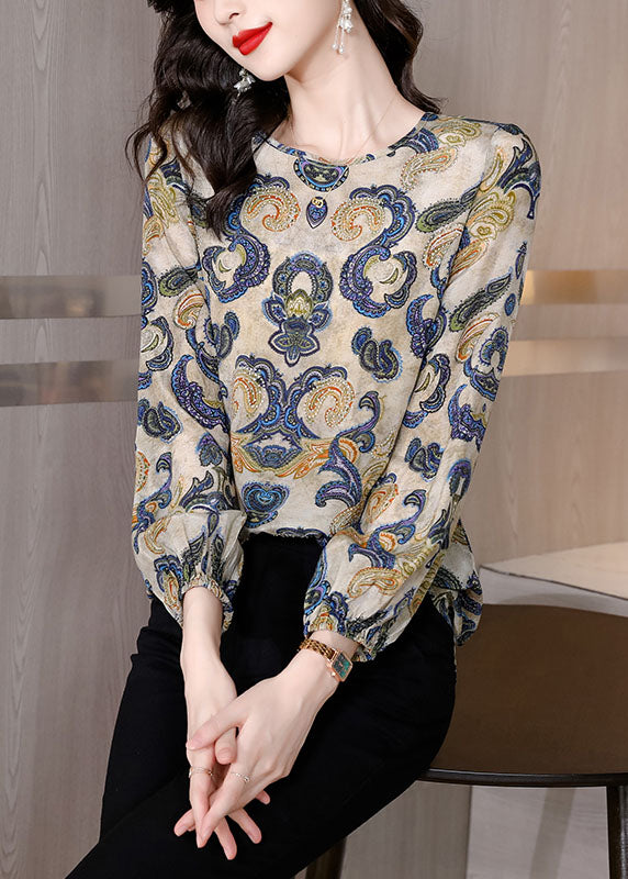 Fine Apricot O Neck Print Patchwork Silk T Shirt Tops Spring LC0268 - fabuloryshop