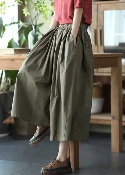 Fine Army Green Pockets Wrinkled Patchwork Linen Pants Skirt Summer LY0601 - fabuloryshop