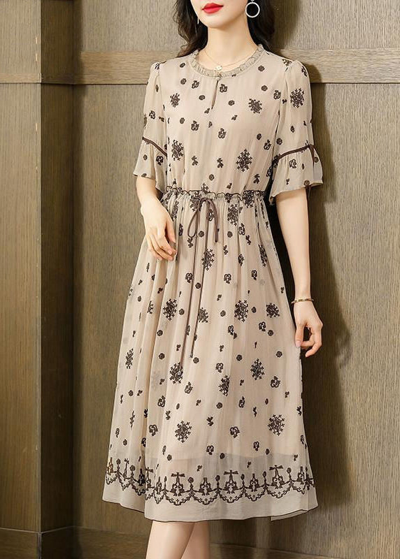 Fine Beige Ruffled Embroideried Exra Large Hem Silk Cinched Dress Summer LY3724 - fabuloryshop