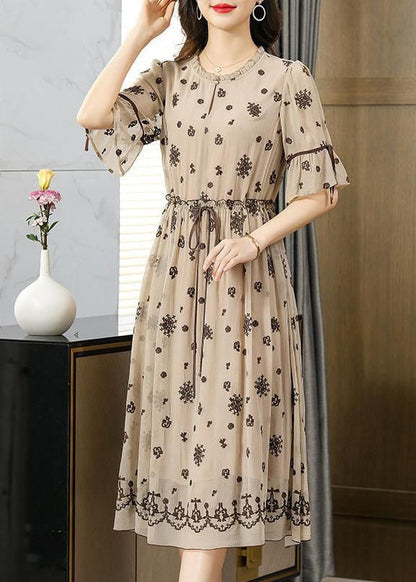 Fine Beige Ruffled Embroideried Exra Large Hem Silk Cinched Dress Summer LY3724 - fabuloryshop