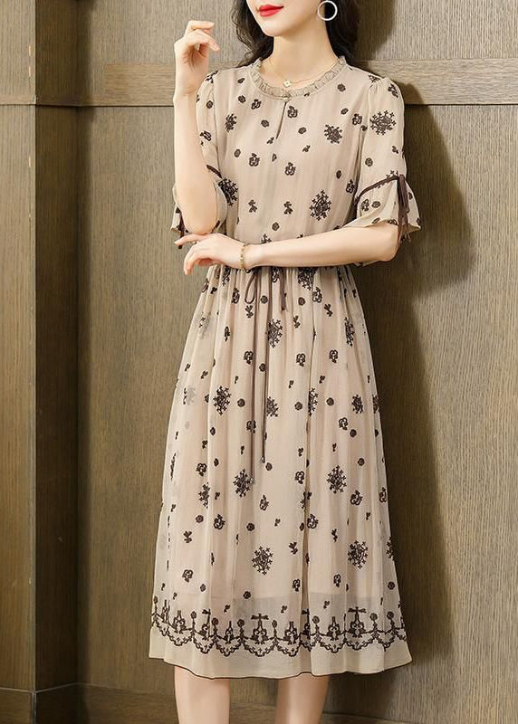 Fine Beige Ruffled Embroideried Exra Large Hem Silk Cinched Dress Summer LY3724 - fabuloryshop