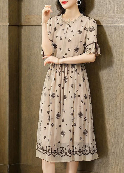 Fine Beige Ruffled Embroideried Exra Large Hem Silk Cinched Dress Summer LY3724 - fabuloryshop