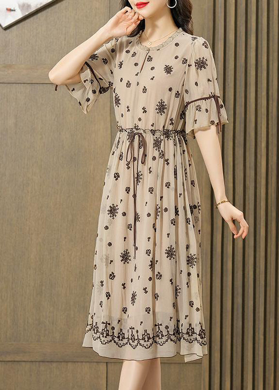 Fine Beige Ruffled Embroideried Exra Large Hem Silk Cinched Dress Summer LY3724 - fabuloryshop