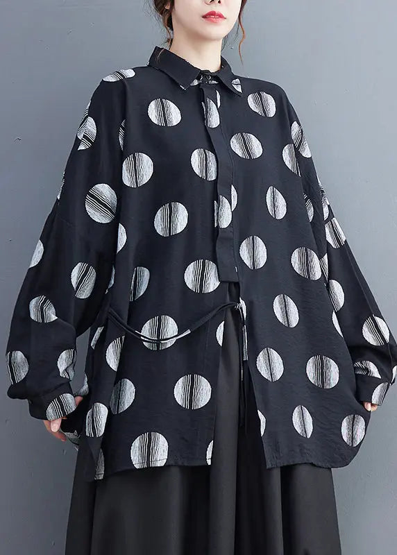 Fine Black Dot Print Patchwork Shirts Long Sleeve Ada Fashion