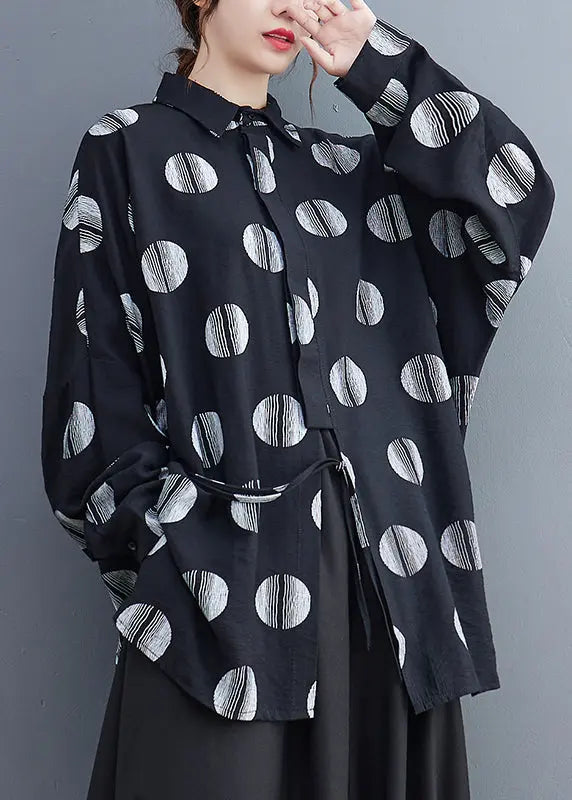 Fine Black Dot Print Patchwork Shirts Long Sleeve Ada Fashion