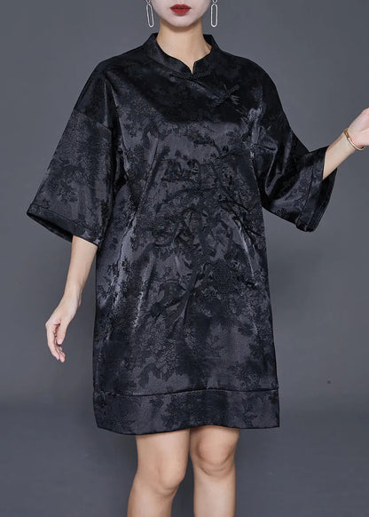 Fine Black Embroideried Chinese Button Silk Mini Dress Half Sleeve Ada Fashion