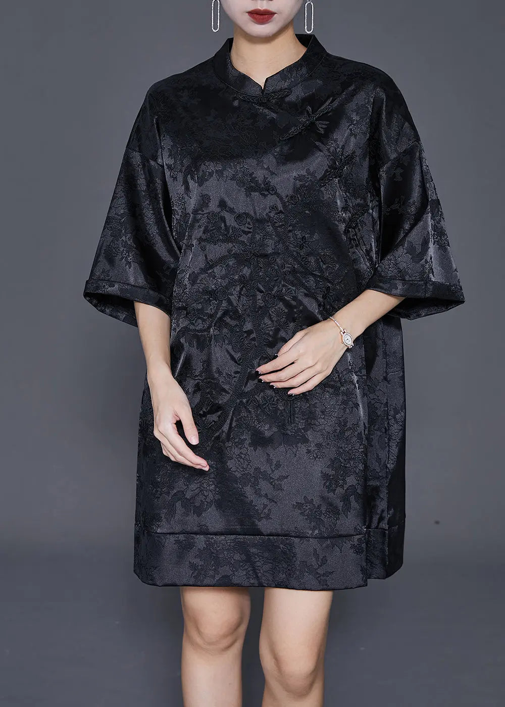 Fine Black Embroideried Chinese Button Silk Mini Dress Half Sleeve Ada Fashion