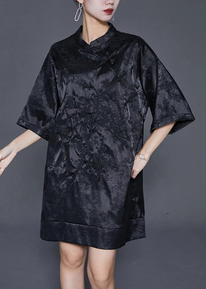 Fine Black Embroideried Chinese Button Silk Mini Dress Half Sleeve Ada Fashion