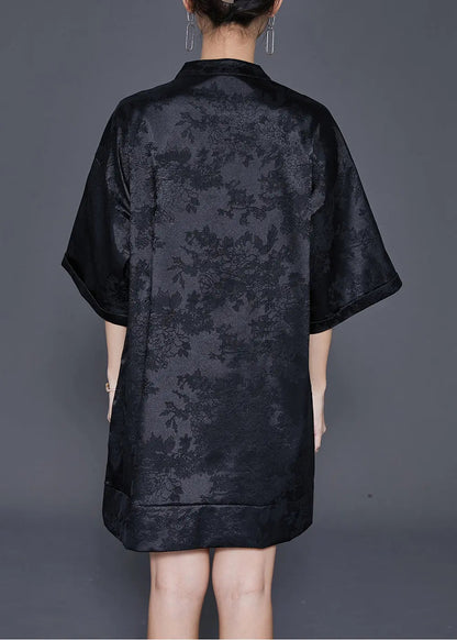 Fine Black Embroideried Chinese Button Silk Mini Dress Half Sleeve Ada Fashion