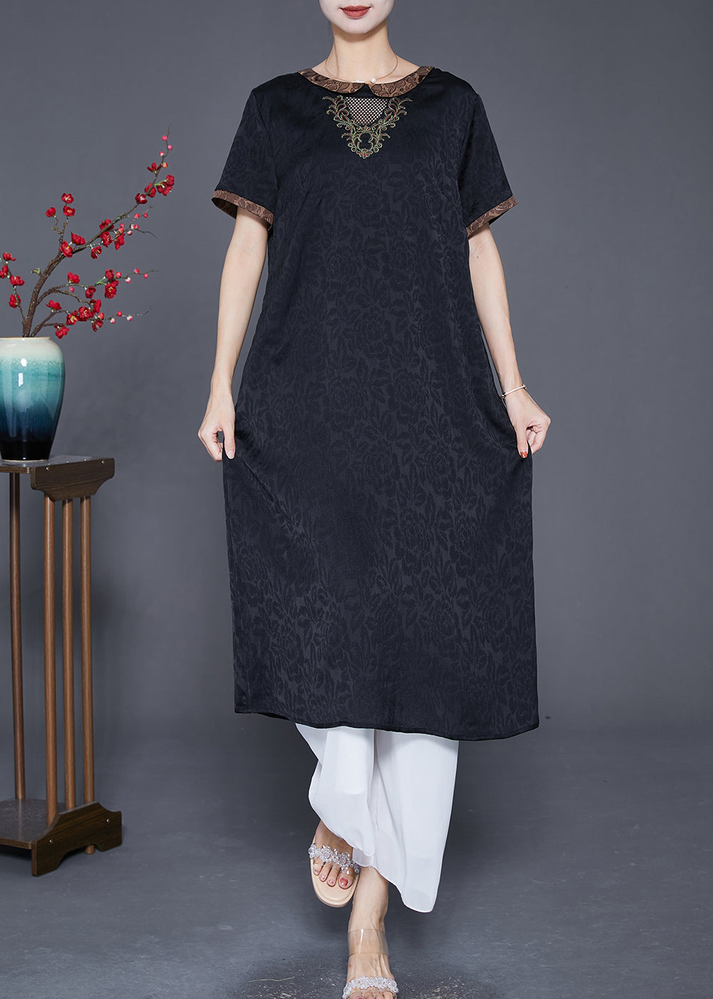 Fine Black Embroideried Hollow Out Silk Long Dresses Summer Ada Fashion