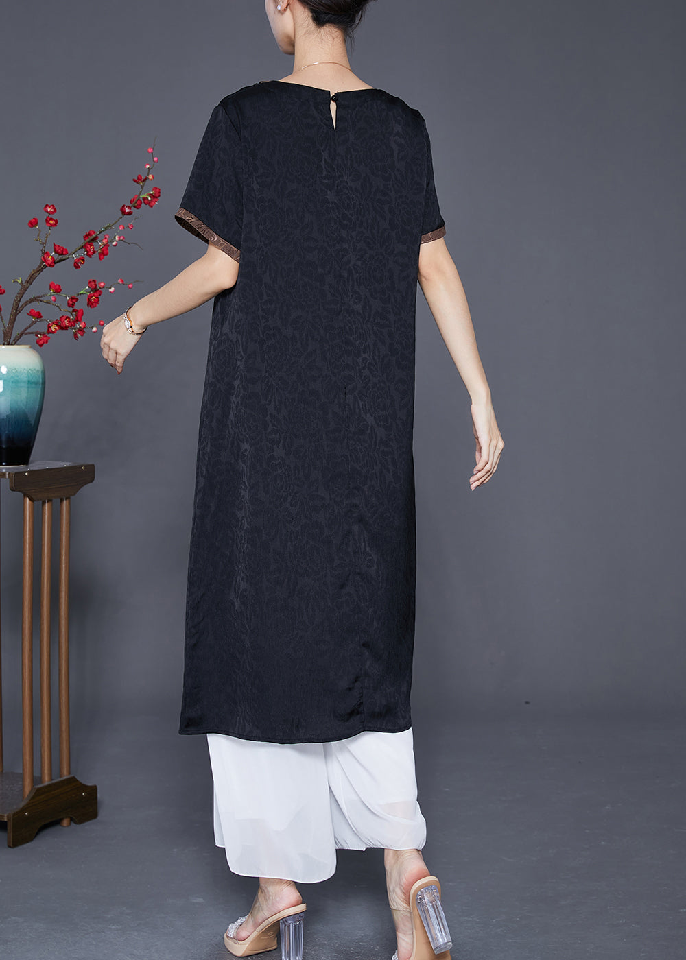 Fine Black Embroideried Hollow Out Silk Long Dresses Summer Ada Fashion