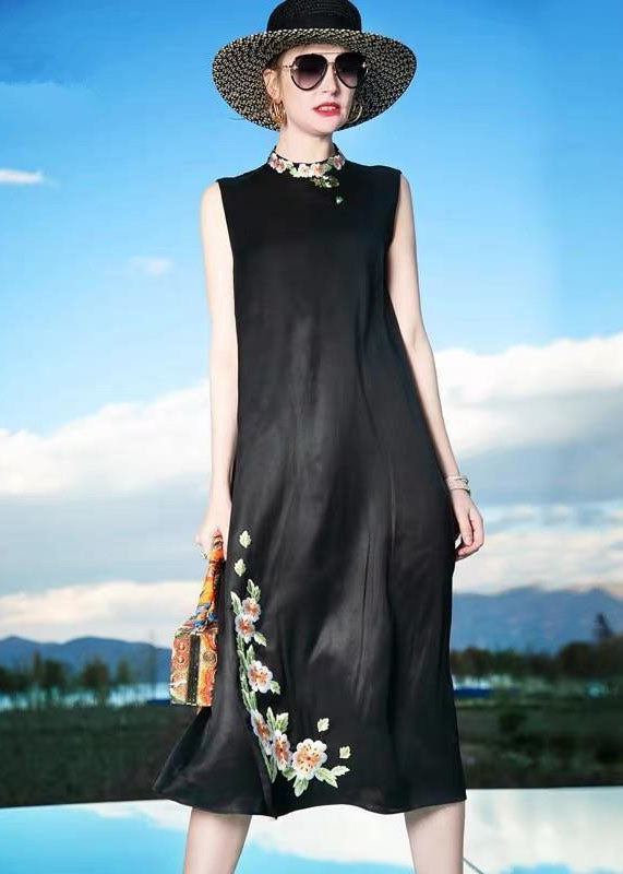 Fine Black Embroideried Patchwork Silk Dresses Sleeveless LC0228 - fabuloryshop