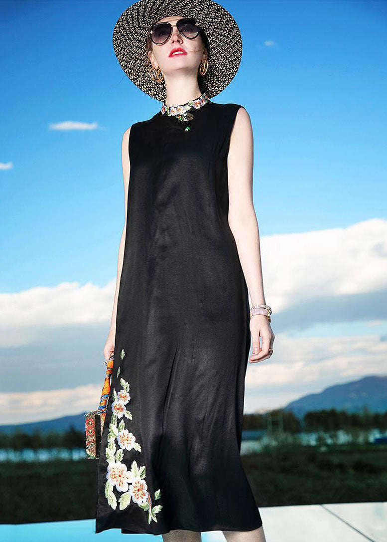 Fine Black Embroideried Patchwork Silk Dresses Sleeveless LC0228 - fabuloryshop