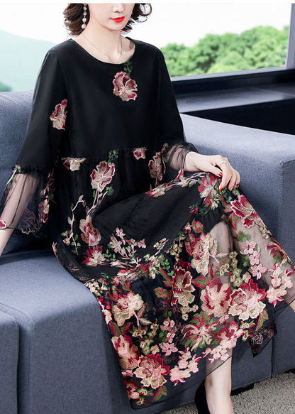 Fine Black Embroideried Patchwork Tulle Long Dress Bracelet Sleeve LC0084 - fabuloryshop