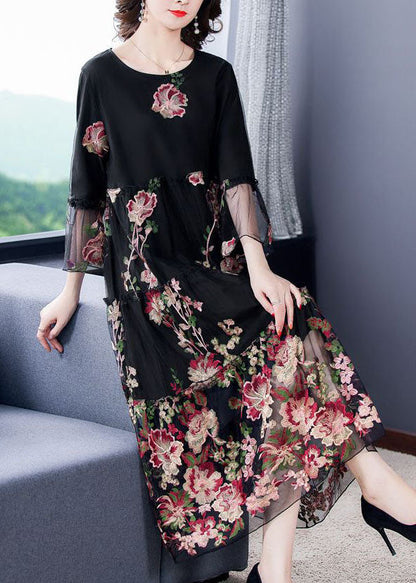 Fine Black Embroideried Patchwork Tulle Long Dress Bracelet Sleeve LC0084 - fabuloryshop