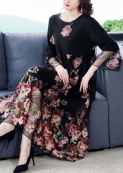 Fine Black Embroideried Patchwork Tulle Long Dress Bracelet Sleeve LC0084 - fabuloryshop