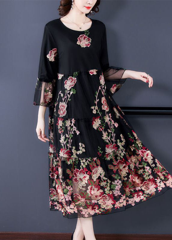 Fine Black Embroideried Patchwork Tulle Long Dress Bracelet Sleeve LC0084 - fabuloryshop