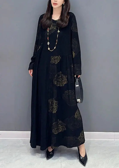 Fine Black O Neck Floral Patchwork Cotton Long Dress Fall Ada Fashion