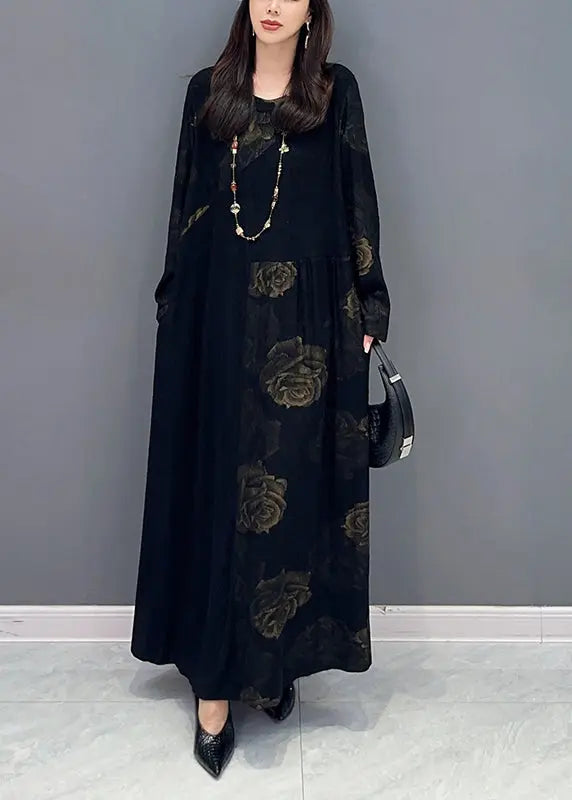 Fine Black O Neck Floral Patchwork Cotton Long Dress Fall Ada Fashion