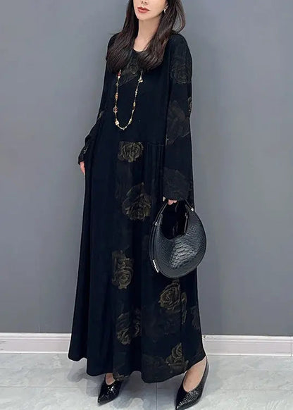 Fine Black O Neck Floral Patchwork Cotton Long Dress Fall Ada Fashion