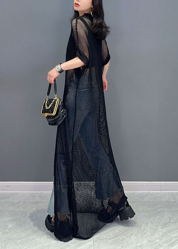 Fine Black O Neck Front Open Patchwork Tulle Long Smock Summer Ada Fashion