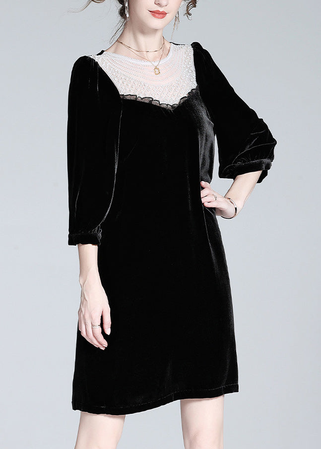 Fine Black O-Neck Lace Patchwork Velour Mid Dress Spring LY0133 - fabuloryshop