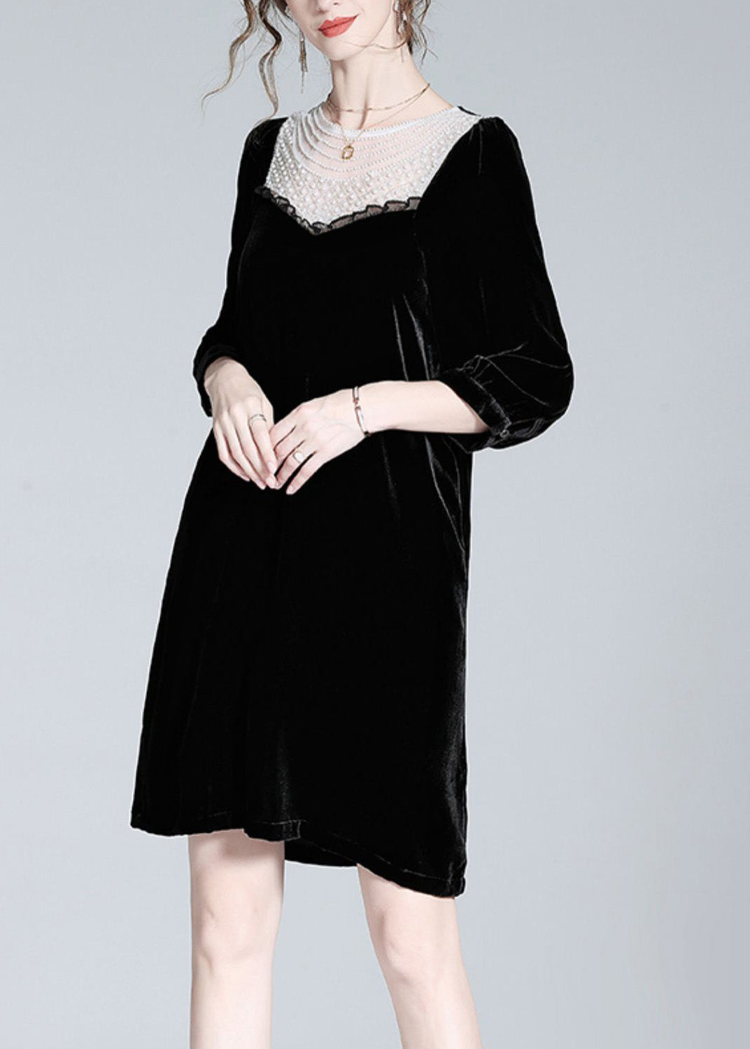 Fine Black O-Neck Lace Patchwork Velour Mid Dress Spring LY0133 - fabuloryshop