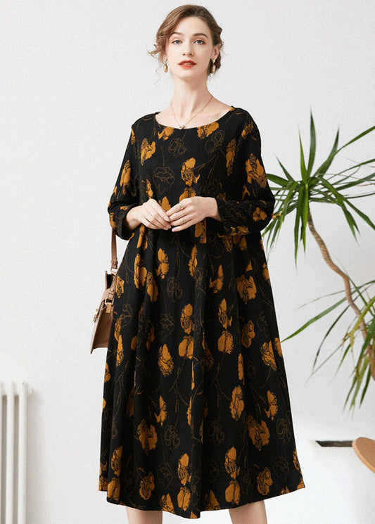 Fine Black O-Neck Oversized Print Cashmere Dresses Spring LY0331 - fabuloryshop