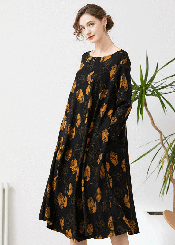 Fine Black O-Neck Oversized Print Cashmere Dresses Spring LY0331 - fabuloryshop