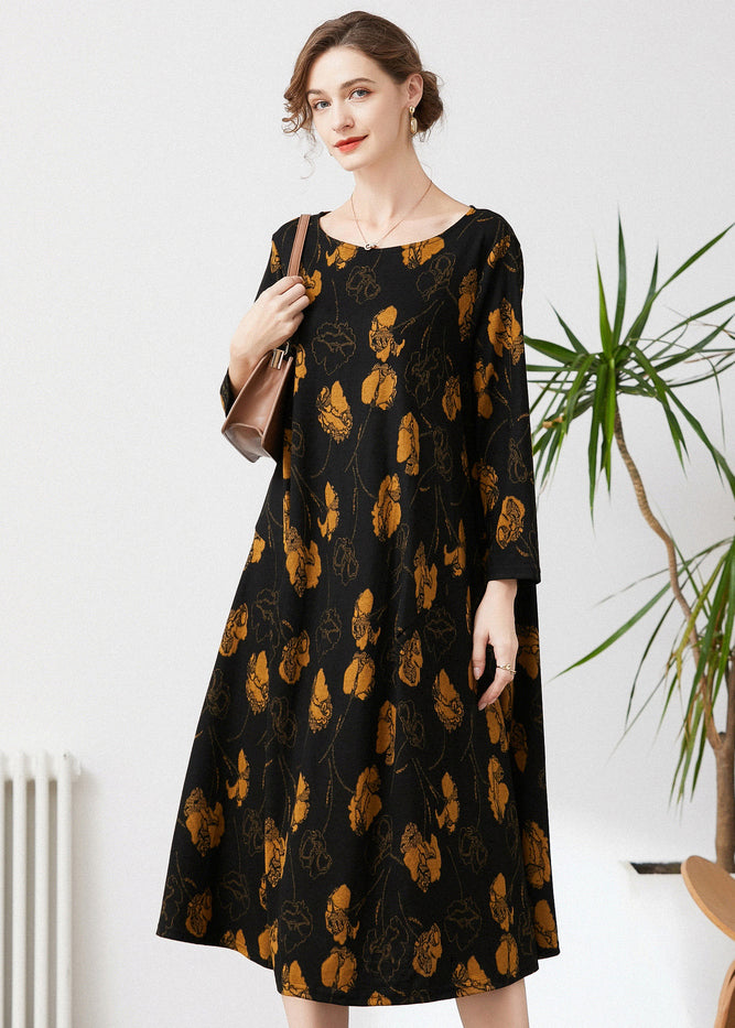 Fine Black O-Neck Oversized Print Cashmere Dresses Spring LY0331 - fabuloryshop