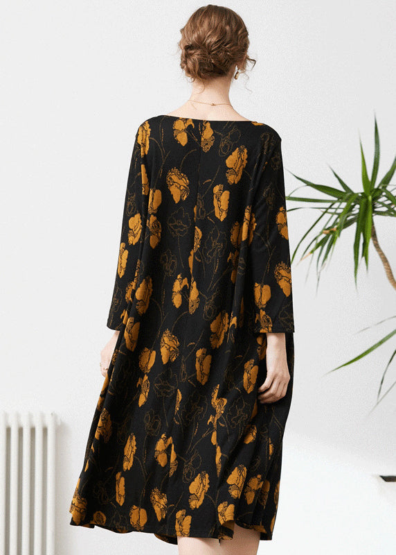 Fine Black O-Neck Oversized Print Cashmere Dresses Spring LY0331 - fabuloryshop