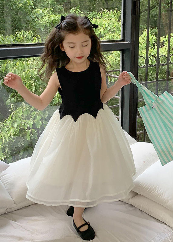 Fine Black O Neck Wrinkled Patchwork Tulle Kids Girls Dress Sleeveless LY6531 - fabuloryshop