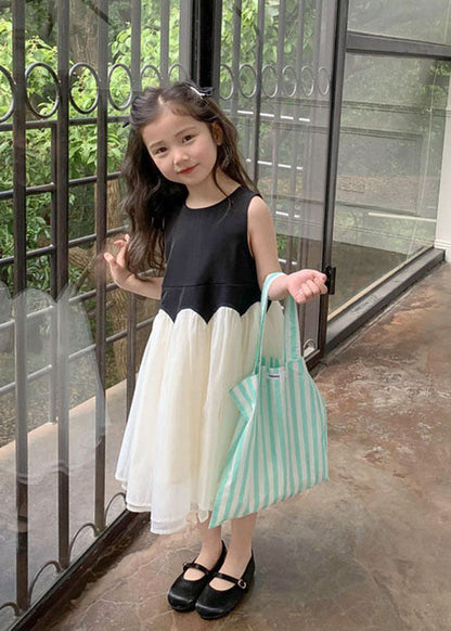 Fine Black O Neck Wrinkled Patchwork Tulle Kids Girls Dress Sleeveless LY6531 - fabuloryshop