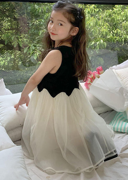 Fine Black O Neck Wrinkled Patchwork Tulle Kids Girls Dress Sleeveless LY6531 - fabuloryshop