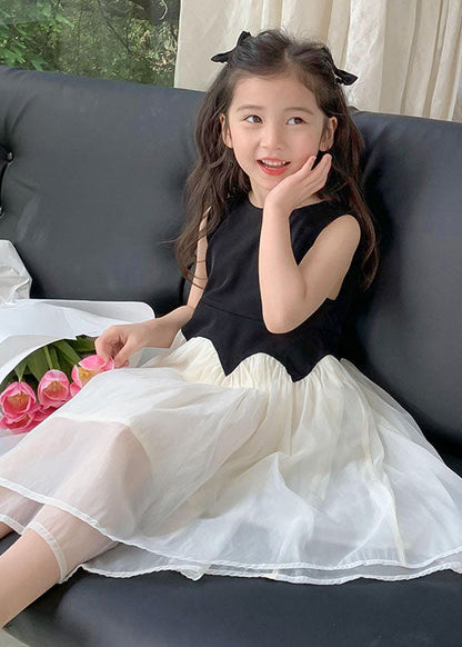 Fine Black O Neck Wrinkled Patchwork Tulle Kids Girls Dress Sleeveless LY6531 - fabuloryshop