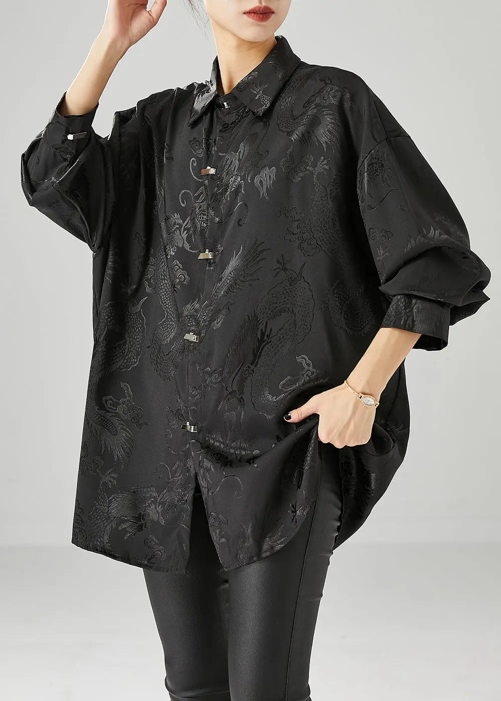 Fine Black Oversized Jacquard Silk Blouse Tops Fall Ada Fashion