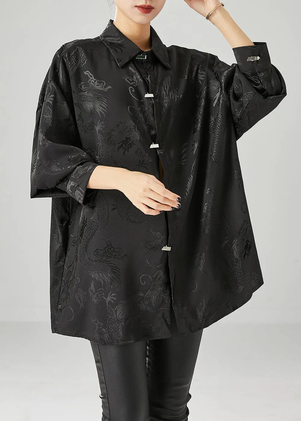 Fine Black Oversized Jacquard Silk Blouse Tops Fall Ada Fashion