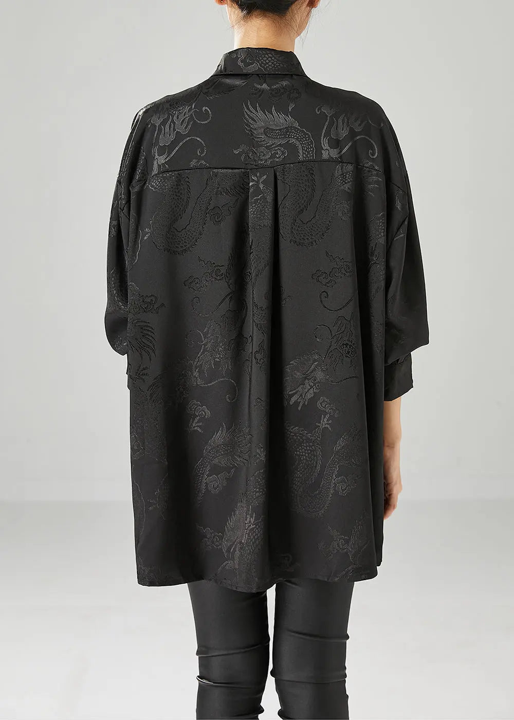 Fine Black Oversized Jacquard Silk Blouse Tops Fall Ada Fashion