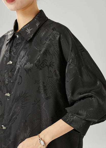 Fine Black Oversized Jacquard Silk Blouse Tops Fall Ada Fashion