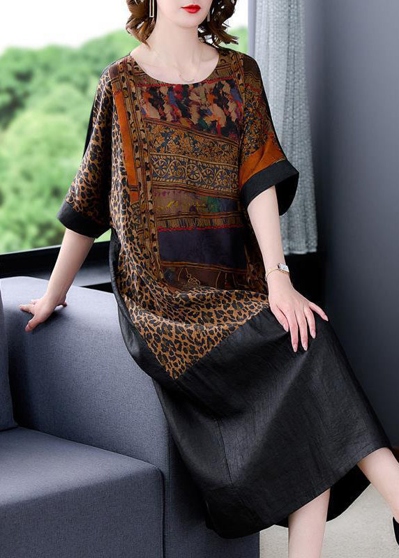Fine Black Oversized Patchwork Print Silk Vacation Dress Summer LY3747 - fabuloryshop