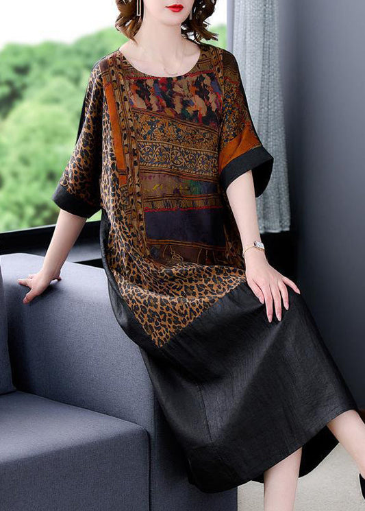 Fine Black Oversized Patchwork Print Silk Vacation Dress Summer LY3747 - fabuloryshop