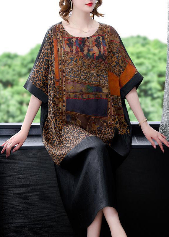 Fine Black Oversized Patchwork Print Silk Vacation Dress Summer LY3747 - fabuloryshop