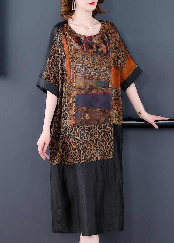 Fine Black Oversized Patchwork Print Silk Vacation Dress Summer LY3747 - fabuloryshop