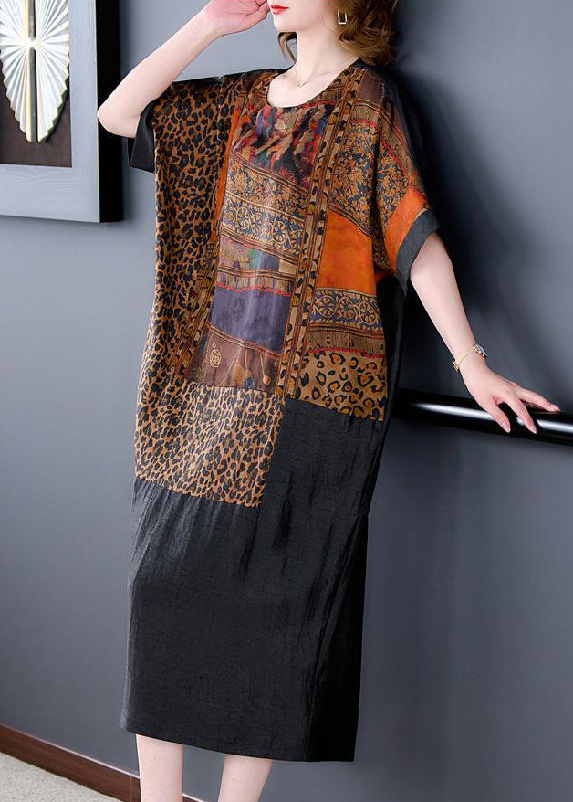 Fine Black Oversized Patchwork Print Silk Vacation Dress Summer LY3747 - fabuloryshop