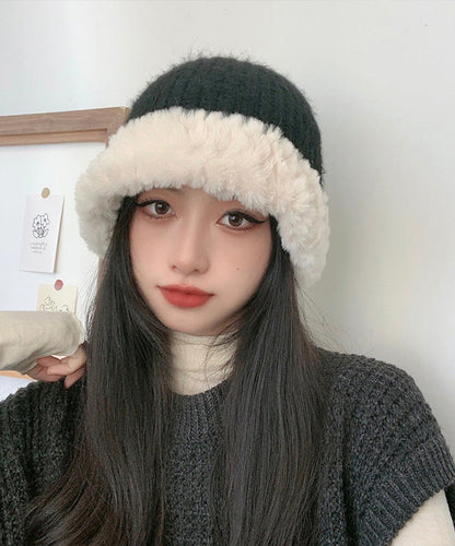 Fine Black Patchwork Thick Knit Bonnie Hat LY528 - fabuloryshop