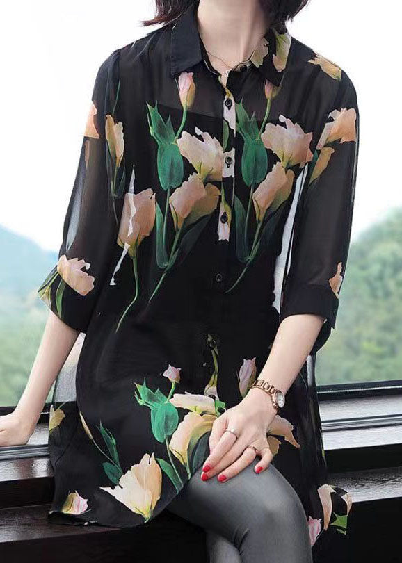 Fine Black Peter Pan Collar Print Patchwork Chiffon Shirt Top Summer LY6730 - fabuloryshop