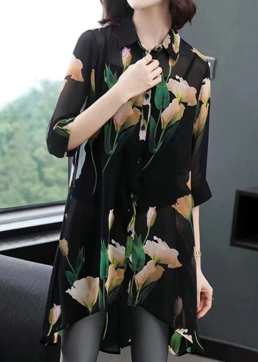 Fine Black Peter Pan Collar Print Patchwork Chiffon Shirt Top Summer LY6730 - fabuloryshop