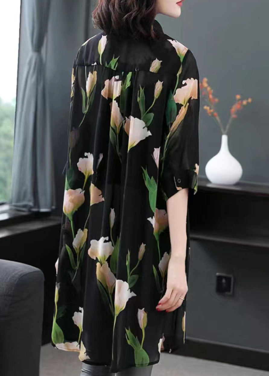 Fine Black Peter Pan Collar Print Patchwork Chiffon Shirt Top Summer LY6730 - fabuloryshop